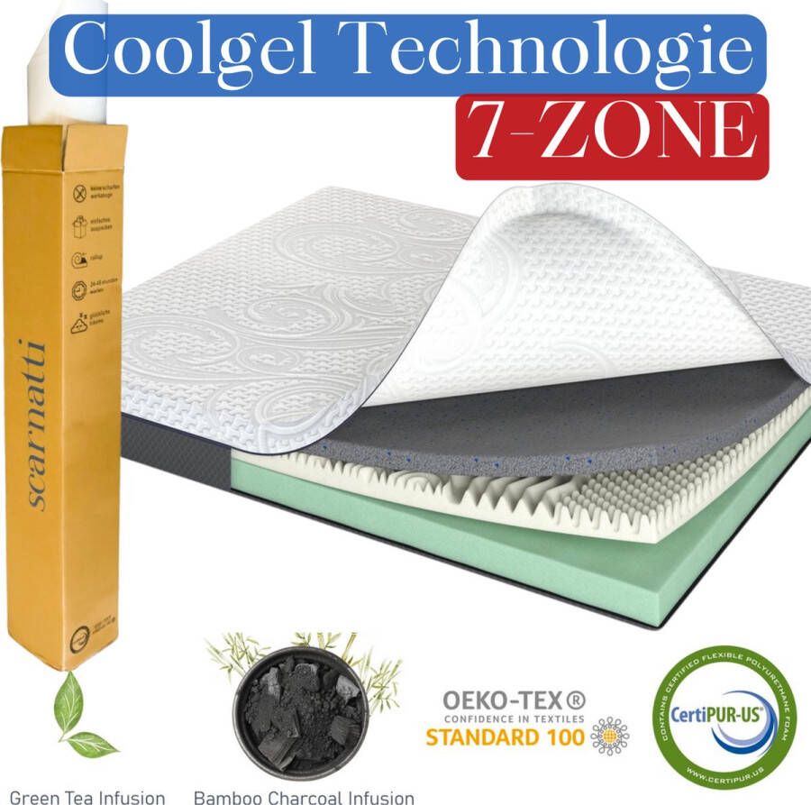 SCARNATTI Cool Gel Memory Foam matras 18 cm 180 x 200 cm 7-zones visco-elastisch en koudschuimmatras verrijkt met groene thee en bamboe houtskool Zero-Partner-Disturbance 2-in-1 - Foto 2