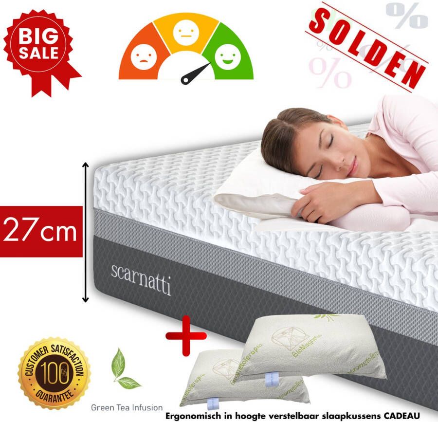 SCARNATTI VIP Matras 180 x 200 cm Extra comfort 27cm 2in1 Koudschuim Traagschuim Matrassen met kussens Tweepersoons