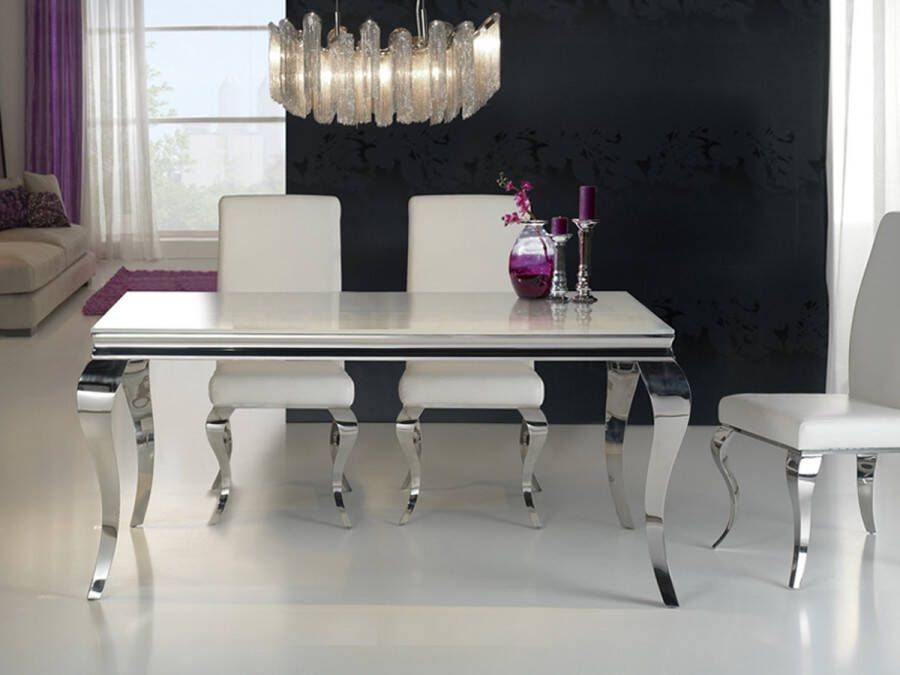 Schuller Barroque eettafel design RVS eetkamertafel 168x98 CoCo dining table stainless steel gepolijst roestvrij stalen frame met gehard glazen blad