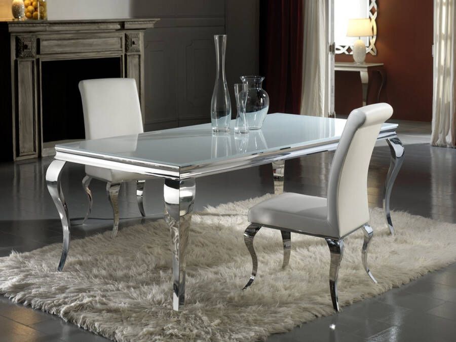 Schuller Barroque eettafel design RVS eetkamertafel 208x108 CoCo dining table stainless steel gepolijst roestvrij stalen frame met gehard glazen blad