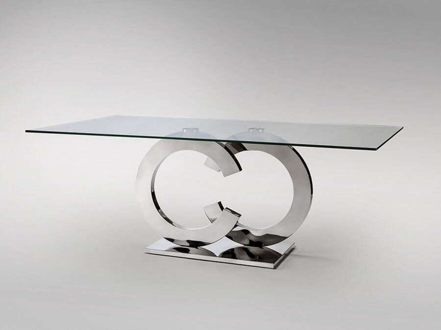 Schuller CoCo eettafel design RVS eetkamertafel 180x90 CoCo dining table stainless steel gepolijst roestvrij stalen frame met gehard glazen blad