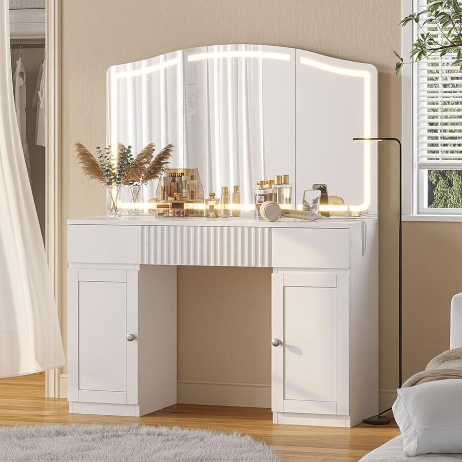 Schwarz Luxuriöser Schminktisch mit Großem Spiegel Einstellbarer 3-Farben LED-Beleuchtung Steckdosen & USB-Anschlüssen 3 Schubladen + 2 Schränke – Moderner Kosmetiktisch für Schlafzimmer & HomeByNicole