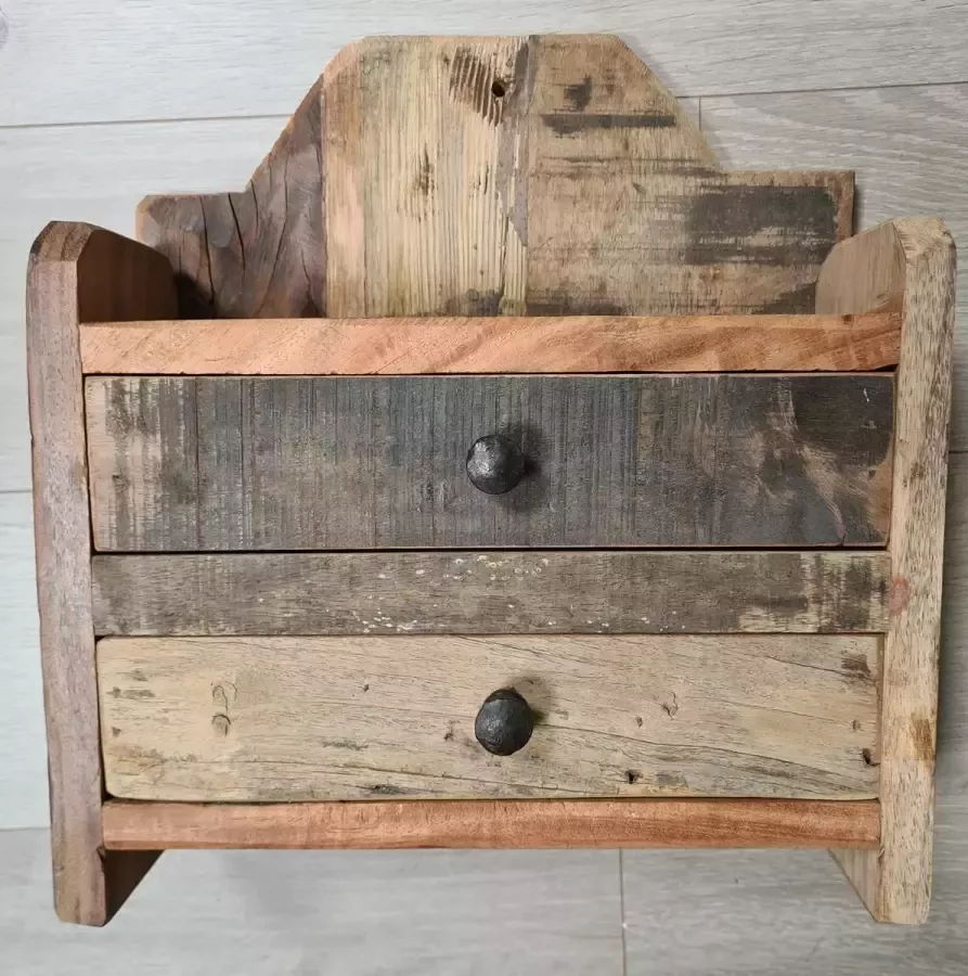 Scissor Mountains muurkast industrieel oud hout klein 2 lades