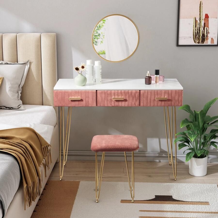 Seastone Luxe Kaptafel Make-up Tafel Dressoir Toilettafel Opmaaktafel Inclusief Spiegel en Kruk 100 x 77 5 x 40cm Roze