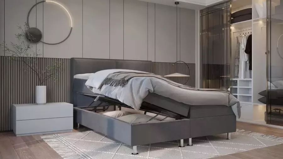 Zetelsenbedden.be Boxspring Alba 120x200 cm Compleet boxspring met opbergruimte Bed compleet Velvet grijs Twijfelaarmaat
