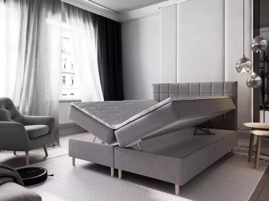 Geen merk Boxspring Gilles 140x200 cm- met opbergruimte matt velvet taupe Compleet Bed Set inclusief topper