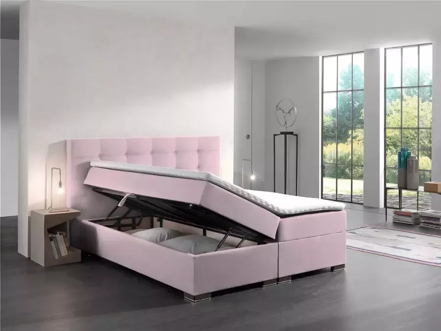 Zetelsenbedden.be Boxspring bed Malaga 160x200 cm met opbergruimte Roze velvet Prinsessenbed Compleet bed compleet boxspring met matras en topper seatsandbeds.be