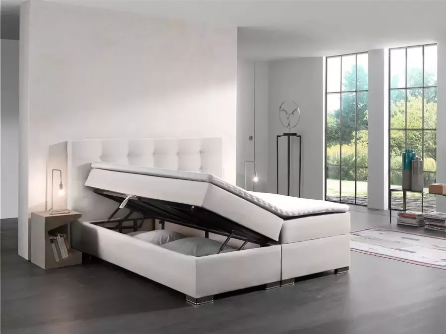 Zetelsenbedden.be Boxspring Bed Malaga Wit 160 cm met opbergruimte topper inbegrepen seats and beds