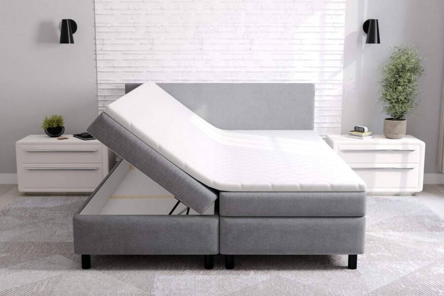 Seatsandbeds Boxspring Compleet Erolla 120x200cm Bed met opbergruimte grijs stof inclusief matras en topper 8cm dik