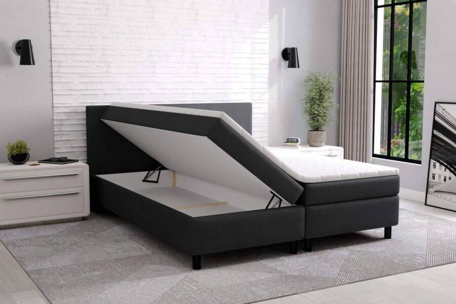 Seatsandbeds Boxspring met Opbergruimte erolla 120x200cm zwart stof- compleet bed met matras en topper 8 cm dik- Bed met opbergruimte