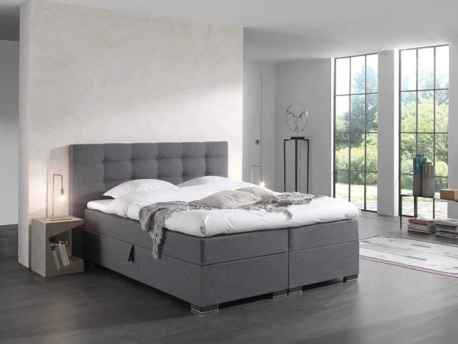 Seatsandbeds Boxspring met Opbergruimte Malaga-140x200cm- grijs stof- Compleet bed met opbergruimte- inclusief topper 8cm dik