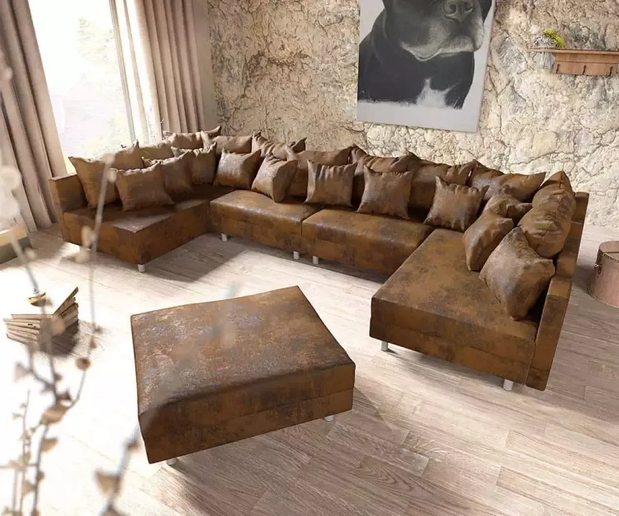 Geen merk Hoekbank Denver Xl Vintage Bruin Zonder Poef hocker xxl hoeksalon modulair afkuisbare micro stof - Foto 2