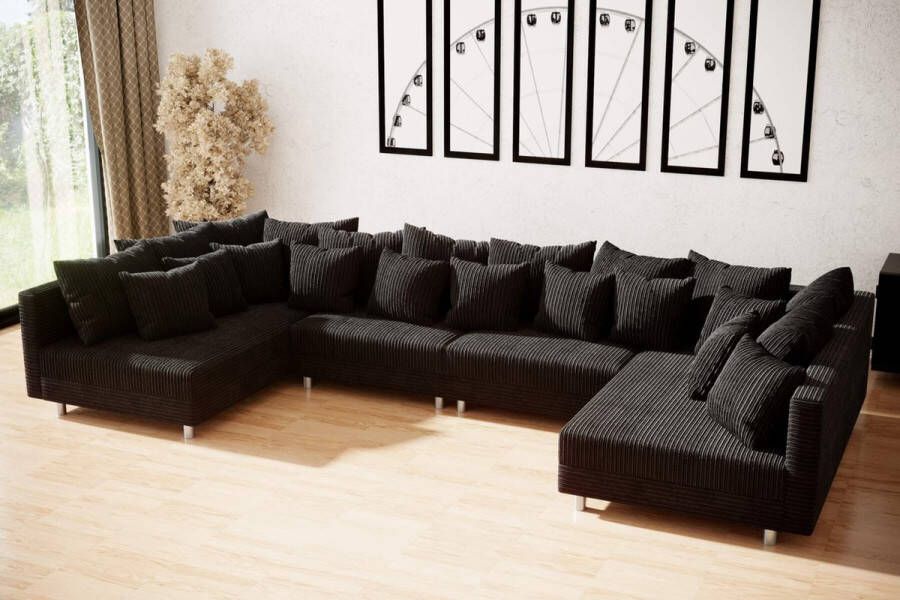 Seatsandbeds hoekbank denver xxl- corduroy zwart- zonder poef (hocker) hoeksalon met dubbele lounge