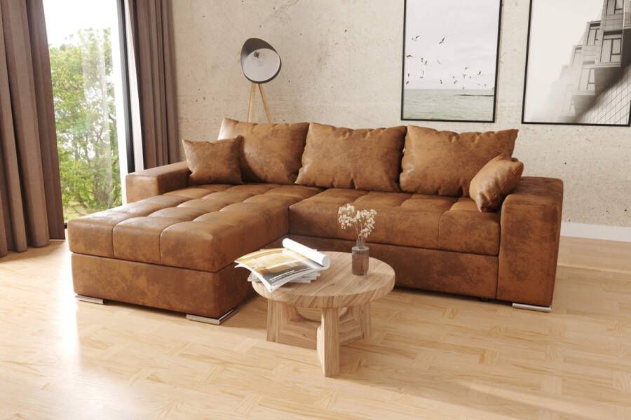 Seatsandbeds hoekbank josua L-vintage bruin-met opbergruimte en bedfunctie