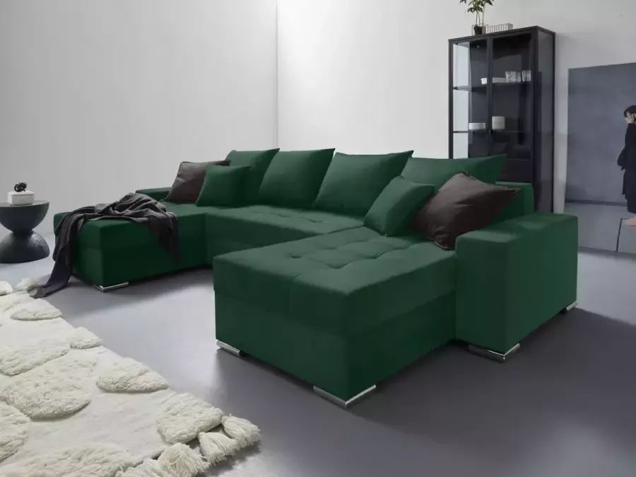 Seatsandbeds Hoekbank Merze Josy Velvet Groen Limited edition met zetel met bedfunctie Hoeksalon met opbergruimte velours