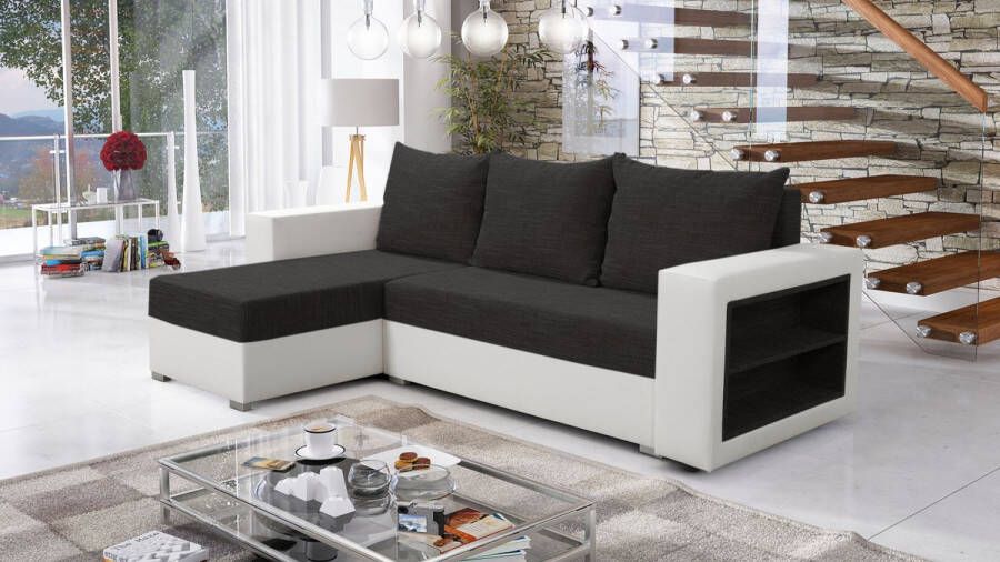 Seatsandbeds Hoekbank met bed functie en opbergruimte Alexandra Black and White Hoeksalon storage and slaapoptie zetels en bedden