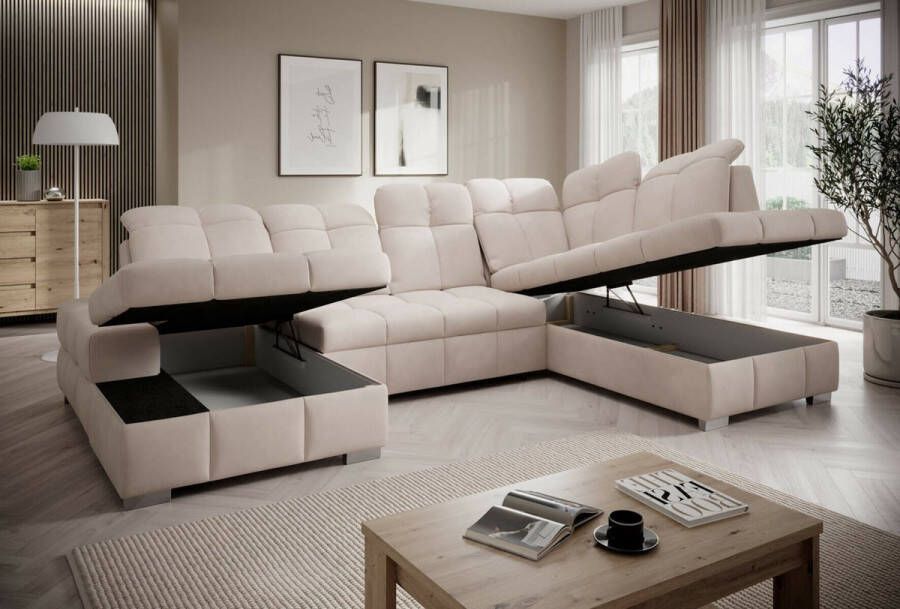 Seatsandbeds hoekbank prestige U links- beige- dubbele opbergruimte- bedfunctie- hoeksalon met dubbele opbergruimte en slaapfunctie