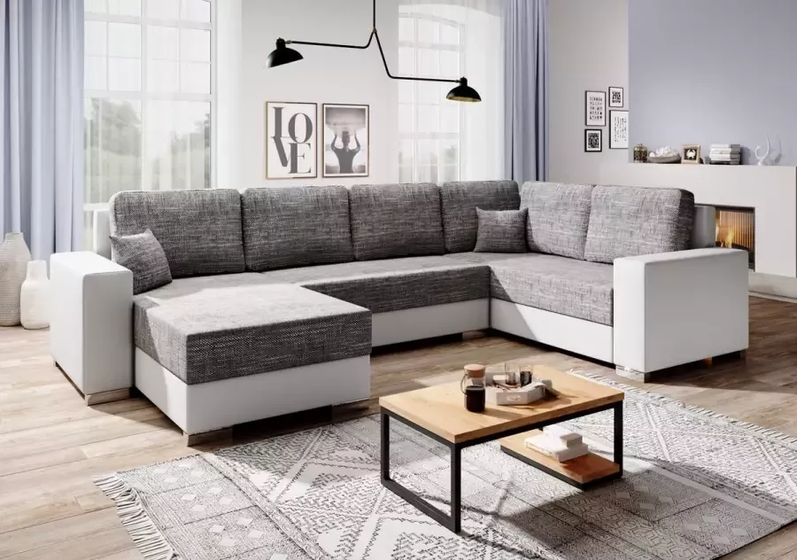 Zetelsenbedden.be Hoekbank Reyiz wit + Grijs U vorm hoeksalon met slaapfunctie en opbergruimte Links SeatsandBeds U vormige bank