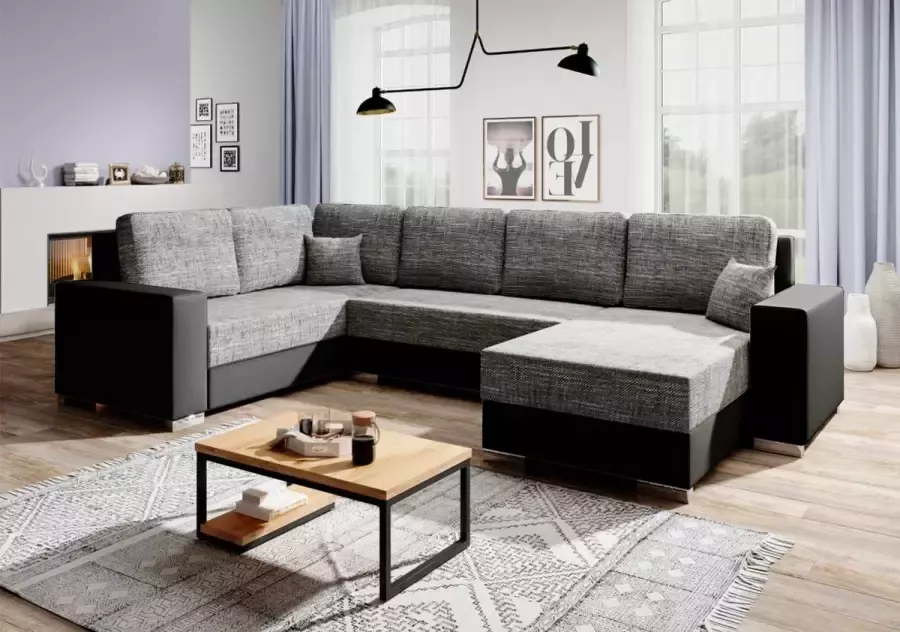 Zetelsenbedden.be Hoekbank Reyiz Zwart+Grijs U shape hoeksalon met bedfunctie en opbergruimte Rechts SeatsandBeds U vormige bank - Foto 2