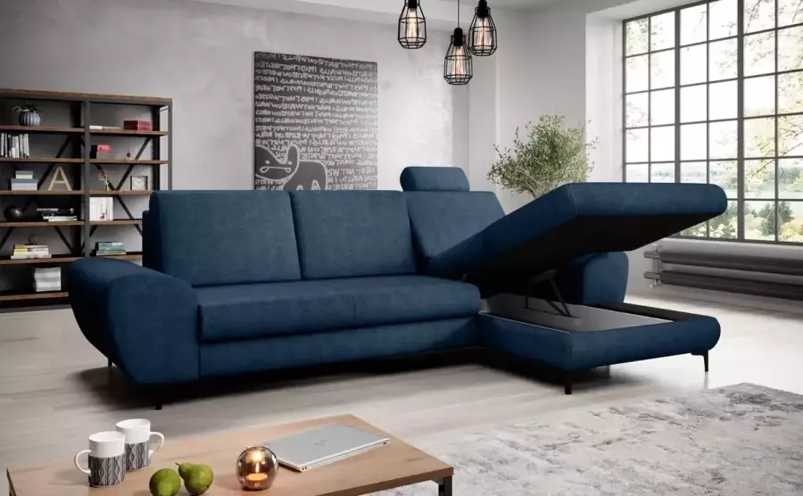 Zetelsenbedden.be Hoekbank superpromo Velvet blauw rechts opstelling Hoeksalon met bed en opbergruimte waterafstotend velvet zitbank