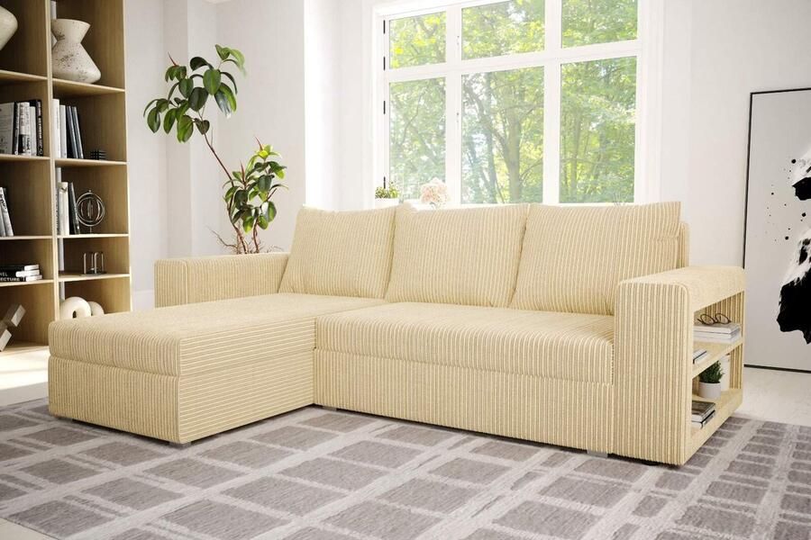 Seatsandbeds Hoekbank Alexandra met slaapfunctie en opbergruimte- corduroy ribstof beige- hoeksalon met bed en opbergruimte- universele lounge