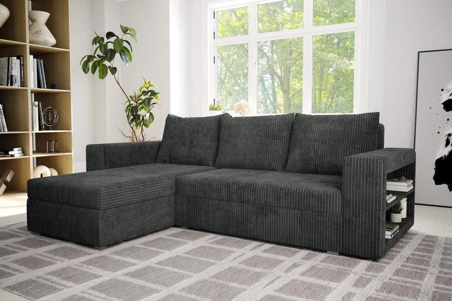 Seatsandbeds Hoekbank Alexandra met slaapfunctie en opbergruimte- corduroy ribstof grijs- hoeksalon met bed en opbergruimte- universele lounge