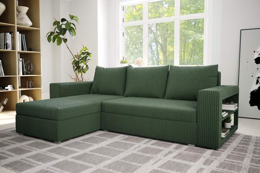 Seatsandbeds Hoekbank Alexandra met slaapfunctie en opbergruimte- corduroy ribstof groen- hoeksalon met bed en opbergruimte- universele lounge