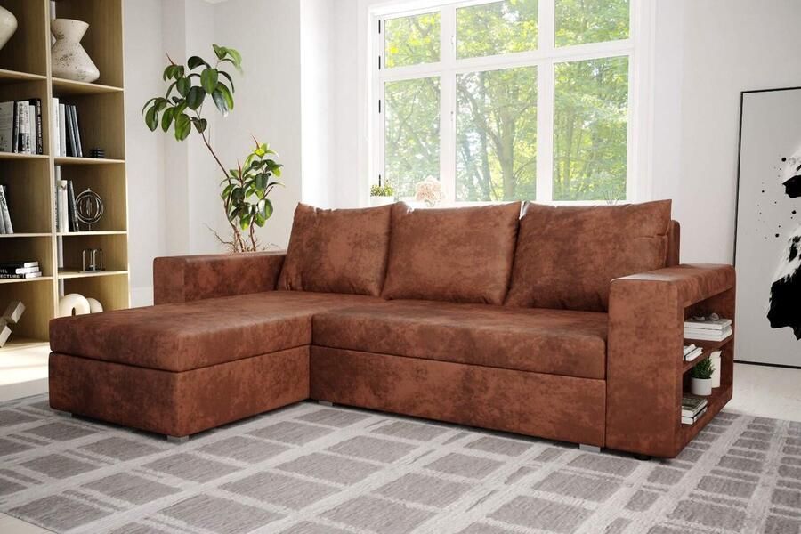 Seatsandbeds Hoekbank Alexandra met slaapfunctie en opbergruimte- microvezelstof vintage bruin- hoeksalon met bed en opbergruimte- universele lounge