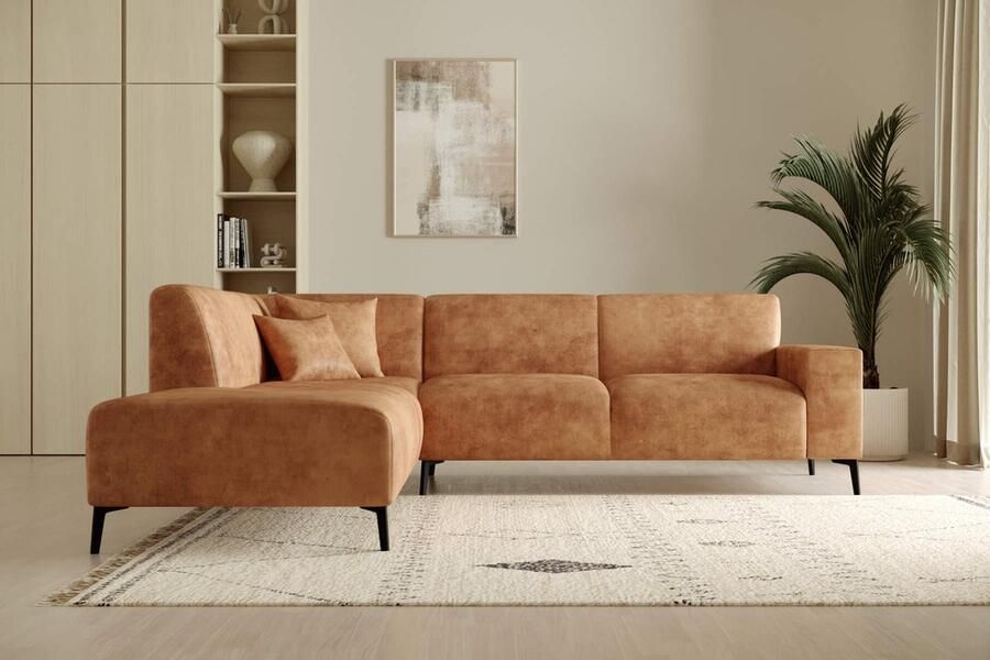 Seatsandbeds hoekbank eddy- lounge links- cognac microvezelstof- hoeksalon left