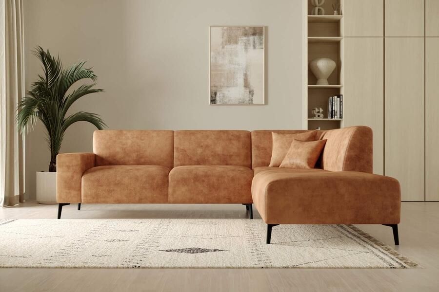 Seatsandbeds hoekbank eddy- lounge rechts- cognac microvezelstof- hoeksalon right