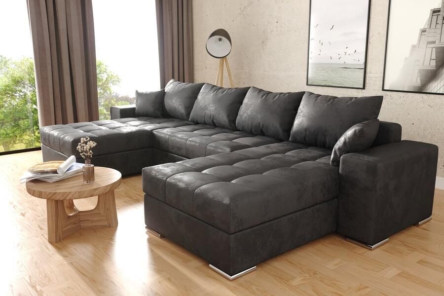 Seatsandbeds hoekbank Josua U Wooneiland Hoeksalon Met bed en Opbergruimte Vintage Afkuisbaar Zwart Microvezelstof