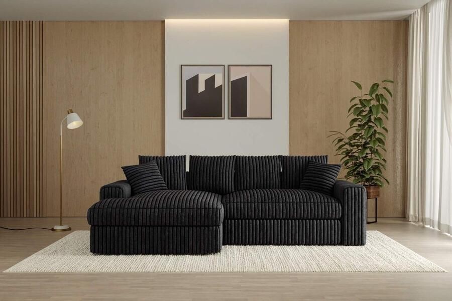 Seatsandbeds Hoekbank Rivanna- ultra dikke ribstof- lounge Links- antraciet- hoeksalon love Seat antraciet