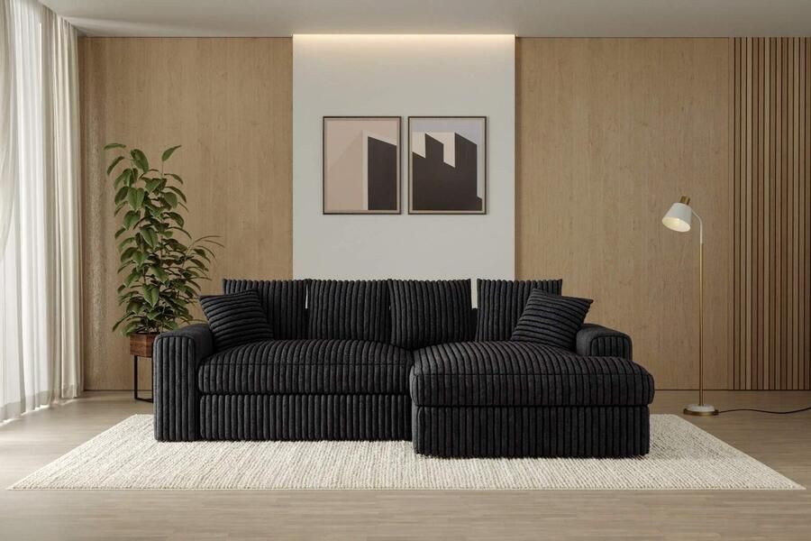 Seatsandbeds Hoekbank Rivanna- ultra dikke ribstof- lounge Rechts- antraciet- hoeksalon love Seat antraciet