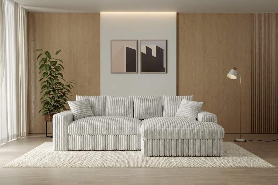 Seatsandbeds Hoekbank Rivanna- ultra dikke ribstof- lounge Rechts- lichtgrijs- hoeksalon love Seat lichtgrijs