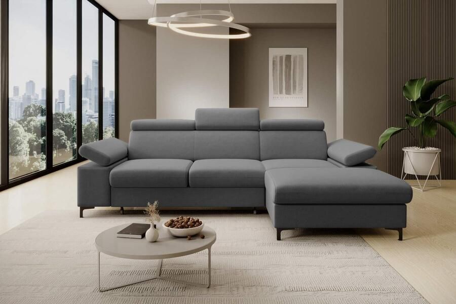 Seatsandbeds hoekbank travis- lounge rechts- structuurstof- hoeksalon met bed en opbergruimte right