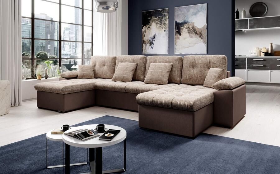 Seatsandbeds Hoekbank Vegas Wooneiland bruin en taupe- Hoeksalon met bed en Dubbele opbergruimte