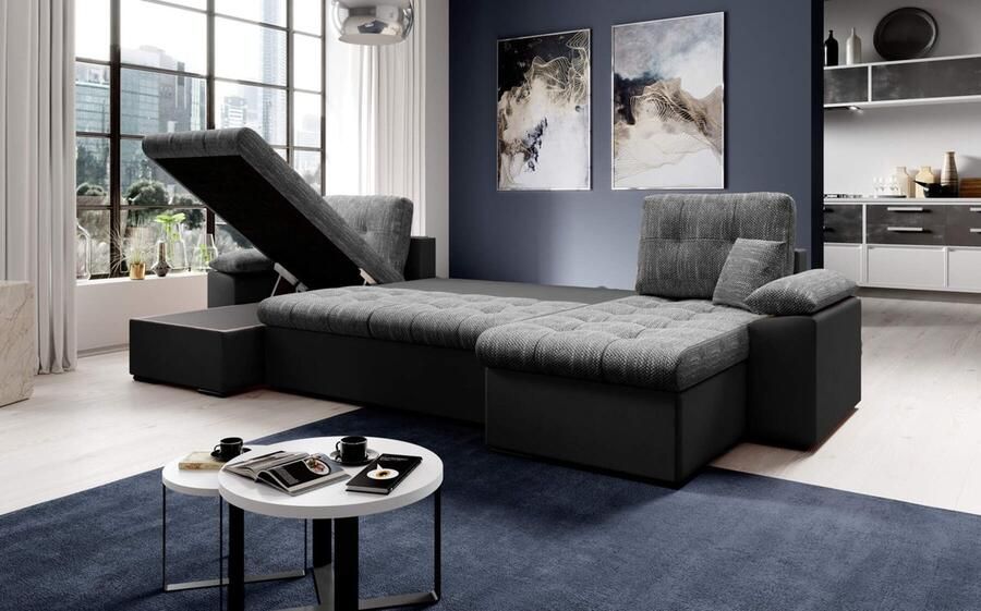 Seatsandbeds Hoekbank Vegas Wooneiland zwart en grijs Hoeksalon met bed en Dubbele opbergruimte