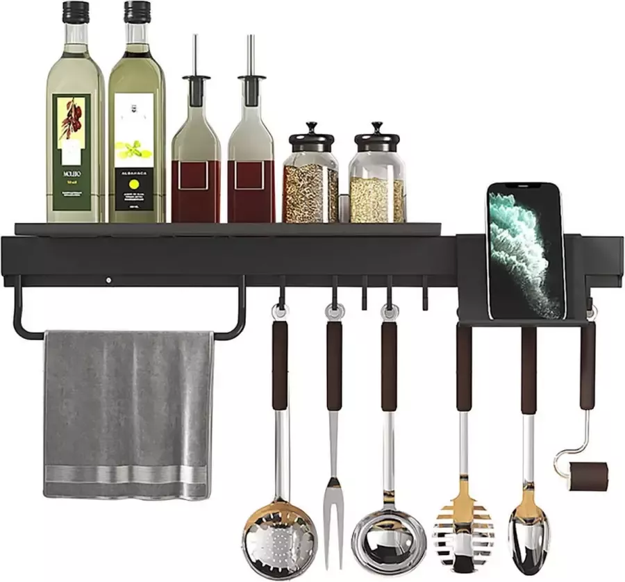 Sefaras Kruidenrek Ophangbare kruidenrek Keukenrek Hangend Wandrek Inclusief 8 haken voor keukengereedschap Kruiden Organizer Specerijenrek Zwart