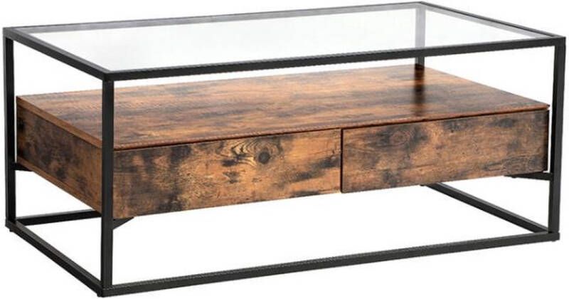 Segenn 's Atlanta salontafel met 2 lades lounge Tafel gehard glas stabiel industrieel vintage bruin-zwart 106 x 57 x 45 cm