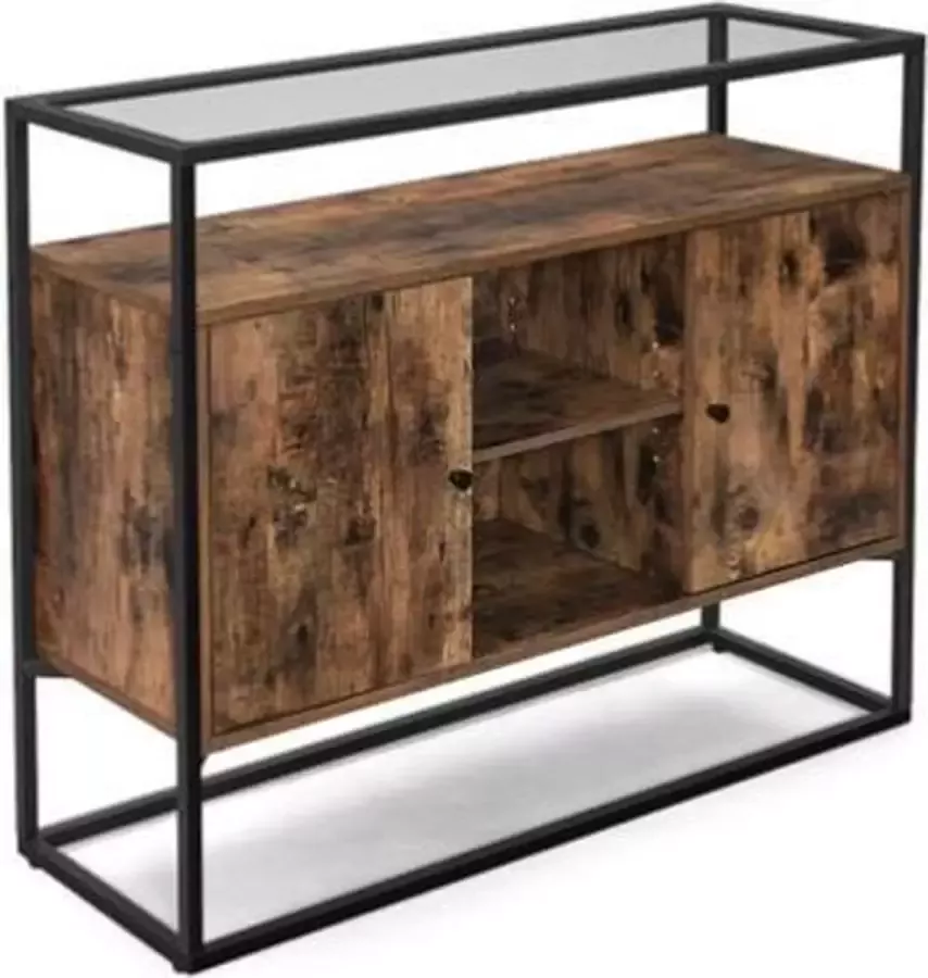 Segenn 's Dressoir Bijzetkast Keukenkast met Glas Oppervlak en Open Vakken Woonkamer Hal Stabiel Stalen Frame Gehard Glas Industrieel Design Vintage Bruin-Zwart