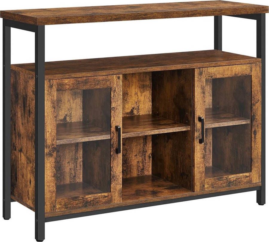 Segenn 's Dressoir Keukenkast Opbergkast met 2 Transparante Glazen Deuren Verstelbare Planken voor Keuken Eetkamer 100 x 35 x 80 cm Industriële Stijl Vintage Bruin-Zwart