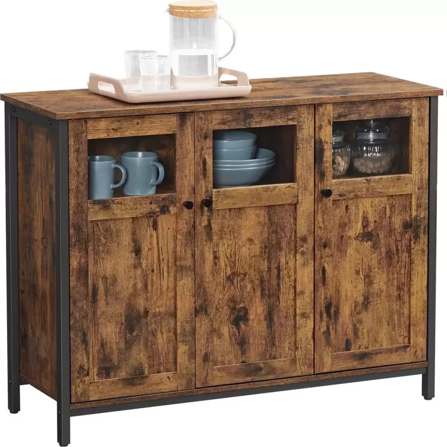 Segenn 's Dressoir Keukenkast Opbergkast met Glazen Deuren voor Woonkamer Keuken Eetkamer Stalen Frame Industriële Stijl Vintage Bruin-Zwart