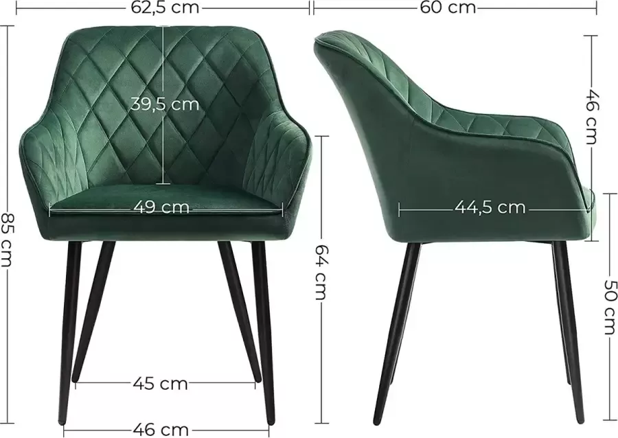 Segenn 's eetkamerstoel Fluweel fauteuil zitbreedte 49 cm metalen poten belastbaar tot 110 kg groen