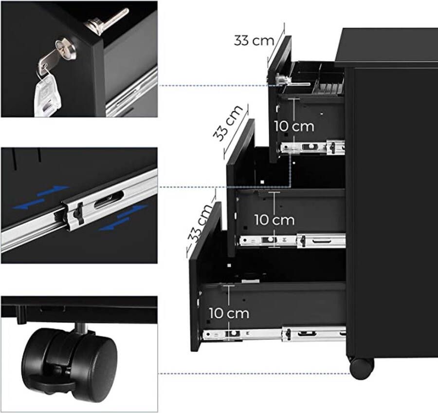Segenn 's Ladeblok bureau ladeblok op wieltjes Verrijdbaar ladeblok Archiefkast met verstelbare hangmappen Graniet Zwart