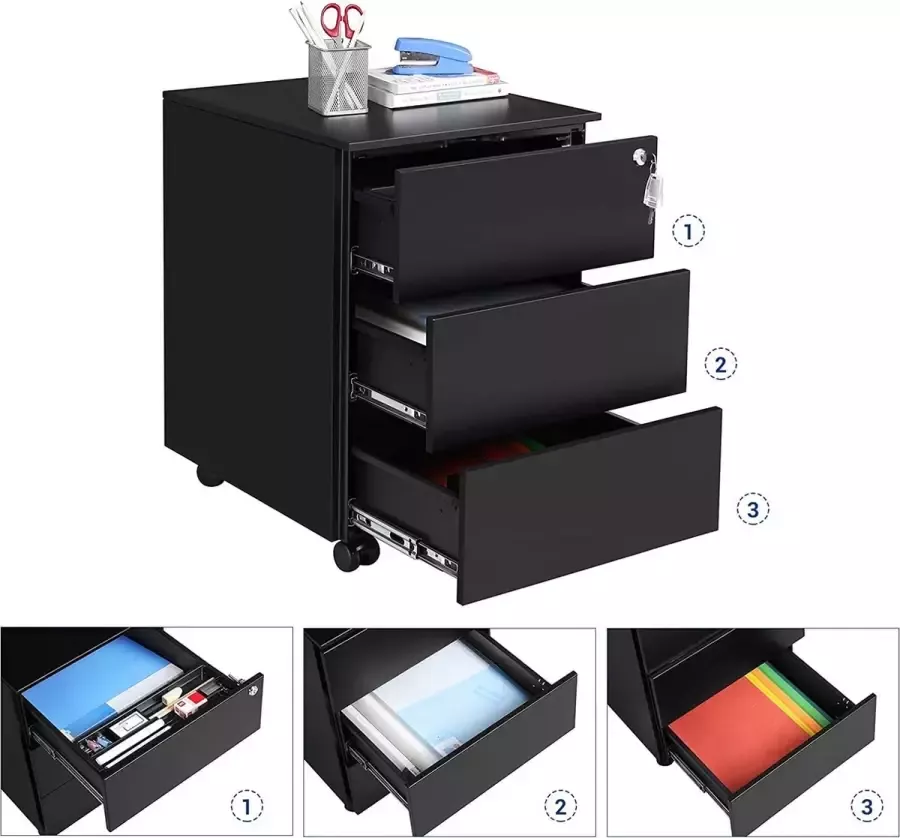 Segenn 's Ladeblok bureau ladeblok op wieltjes Verrijdbare Afsluitbaar Mat Zwart 39 x 50 x 69 5 cm