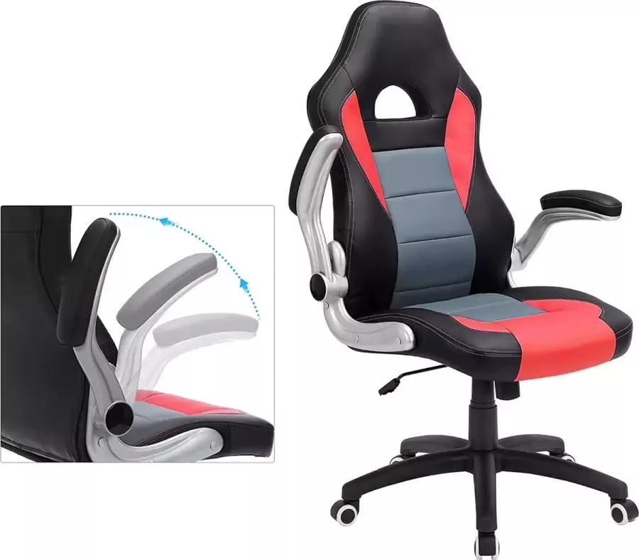 Segenn 's Stylo2 bureaustoel gamestoel racestoel bureaustoel ergonomische bureaustoel opklapbare armleuningen wipfunctie zwart-grijs-rood