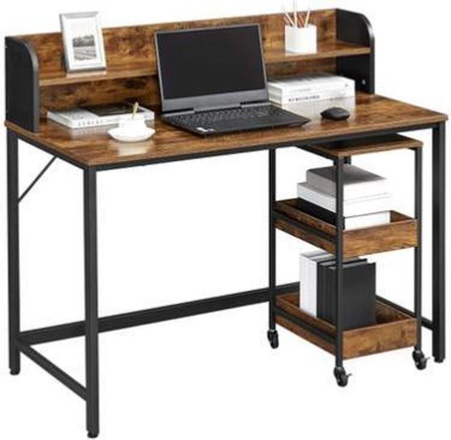 Segenn 's Computerbureau bureau met monitorstandaard gat voor kabels kantoorset trolley met 3 lagen stalen frame industriële stijl vintage bruin-zwart 118 x 60 x 100 cm (L x B x H)