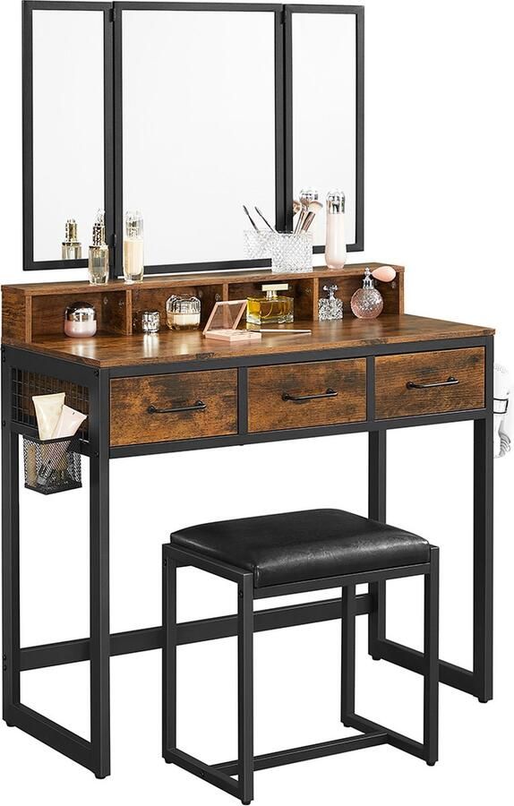 Segenn 's Doup kaptafel Make up tafel met kruk met verlichting make-uptafel 10 led-lampen spiegel instelbare helderheid vintage bruin-zwart