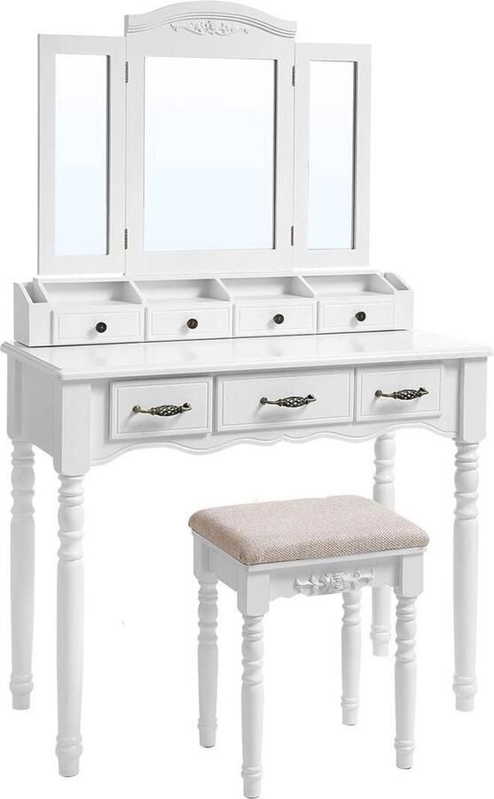 Segenn 's Vera kaptafel Make up tafel met kruk met 7 lades met Gestoffeerde Kruk 3-delige Inklapbare Spiegel met Haken voor Kettingen 4 open Vakken 2 Smalle Vakken voor Borstels Houten Poten Wit
