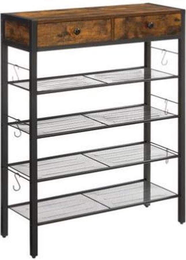 Segenn 's Wings Schoenenkast Boekenkast- Schoenenrek Schoenenbank 5 lagen 2 lade 6 haken Bruin Zwart Industrieel 100 x 30 x 80 cm